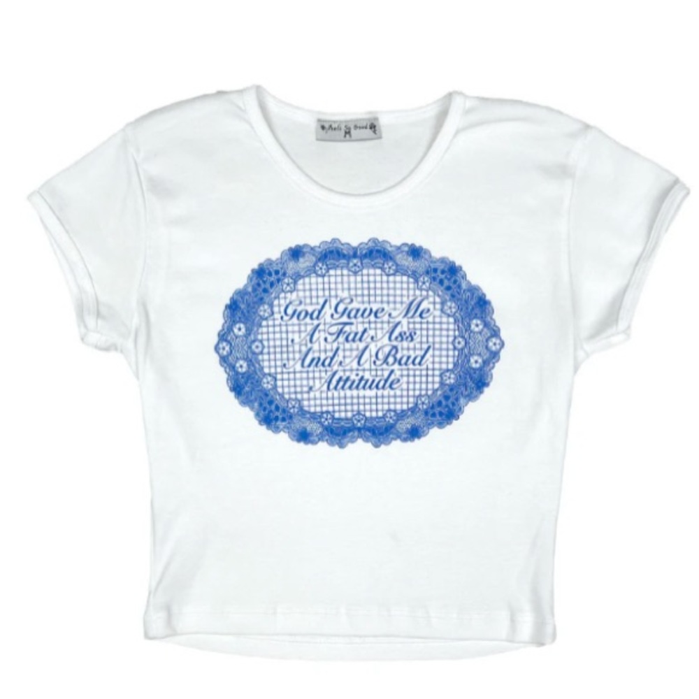 NEW FEELS SO GOOD FSG Prints Fat A-S-S & a Bad Attitude Baby Tee Cropped Doily M